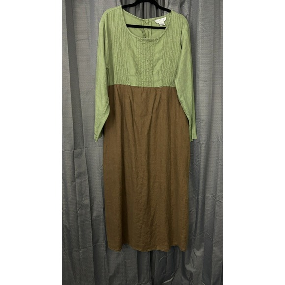 VTG J Jill Linen‎ Maxi Dress Womens L Green Brown Cottagecore Prairie Goblincore - Picture 1 of 16